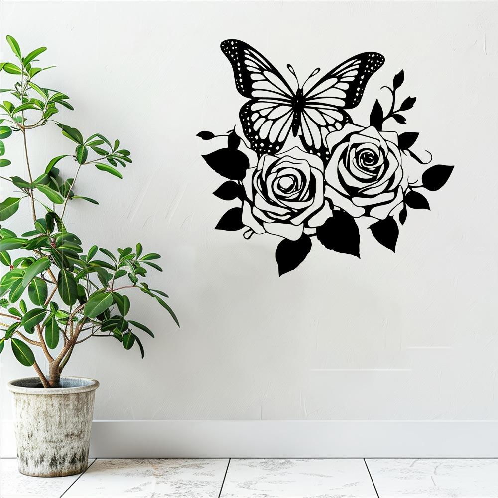Butterfly Rose Metal Wall Art, Elegant Romantic Iron Statue for Valentine Wedding Garden Fence Indoor Outdoor Decor, Farmhouse Hanging Ornament