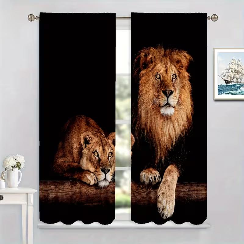 2PC Lion & Lioness Curtains - Majestic Wildlife Print Window Drapes for Living Room Bedroom Decor