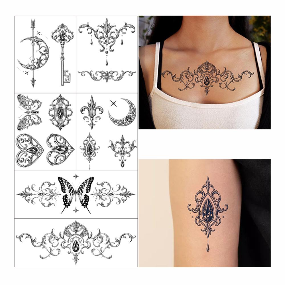 6 Sheets Temporary Tattoos Stickers, Fake Body Arm Chest Shoulder Tattoos for Men or Women with Tiny Black Tattoos Waterproof an