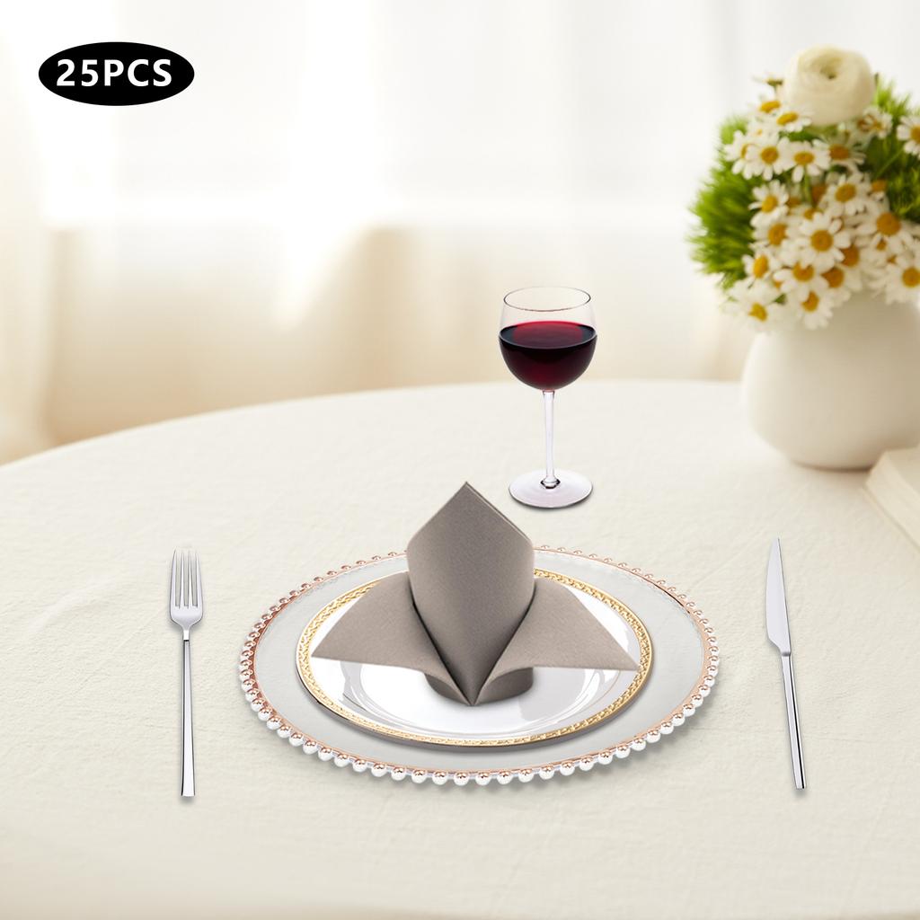 25-Pack Clear & Rose Gold Plastic Charger Plates, 32cm/12.6 Inch Round Dinner Plates, Bulk Elegant PS Hot Stamping Tableware