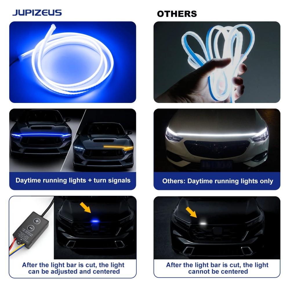 LED Car Daytime Running Light Strip - Blue & Yellow Dual Color Plug And Play Start Scan Turn Signal 12V Universal Car Hood Light