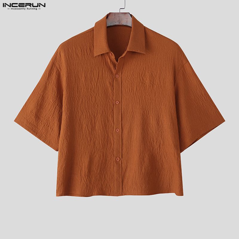 INCERUN Oversized Men Lapel Neck Short Sleeve Cropped Casual Loose Shirts