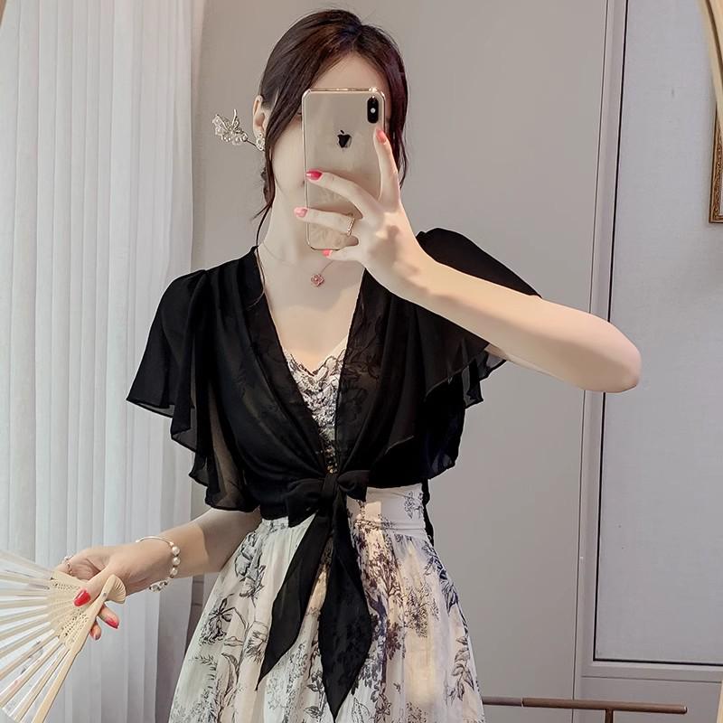 

Женский шифоновый кардиган с рукавами-буфами для защиты от солнца - Легкая шаль с короткими рукавами для летних платьев XL (suggested 55-73 kg)