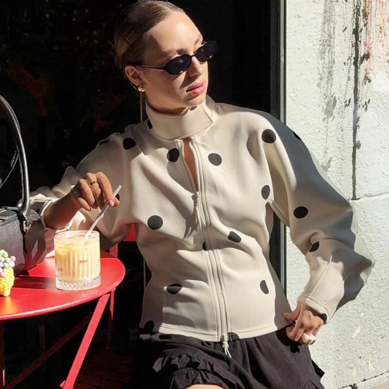 Womens High Neck Polka Dot Zip-Up Blazer Coat Loose Fit Office Chic Winter Outwear