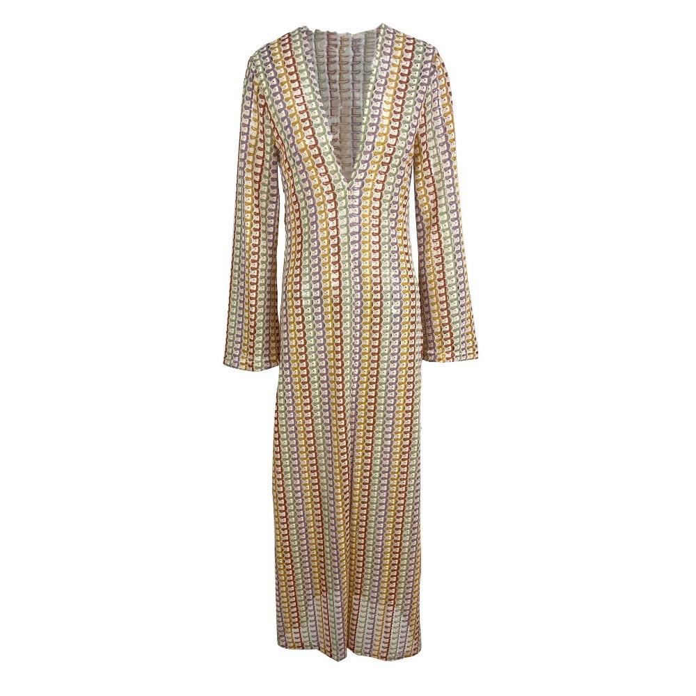 Crochet Colorful Stripe Maxi Dress Women Flare Sleeve V-neck High Split Sexy Long Dresses Beach Banquet Vestidos