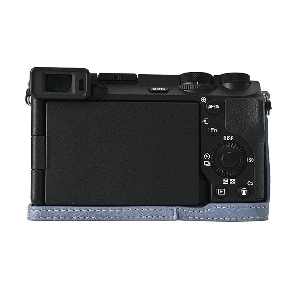Půl pouzdro na fotoaparát z PU kůže s texturou liči pro Sony A6700 A6400 A6300 A6100 A6000 ZVE10 ZVE10II ZVE10M2 Spodní otevírací kryt s popruhem