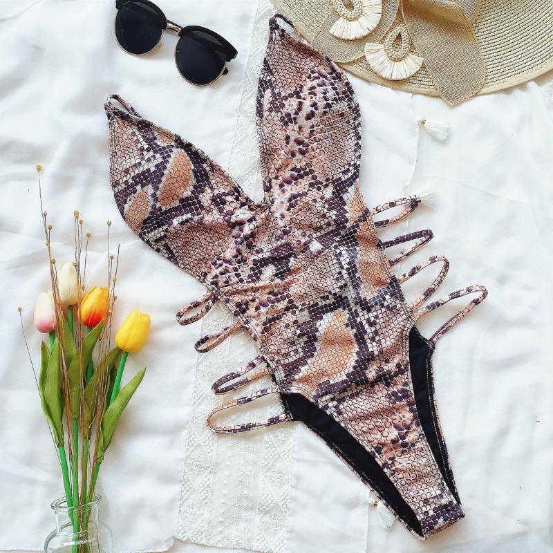 Women Backless Snakeskin Print One Piece Swimsuit Beach Swimming Wear