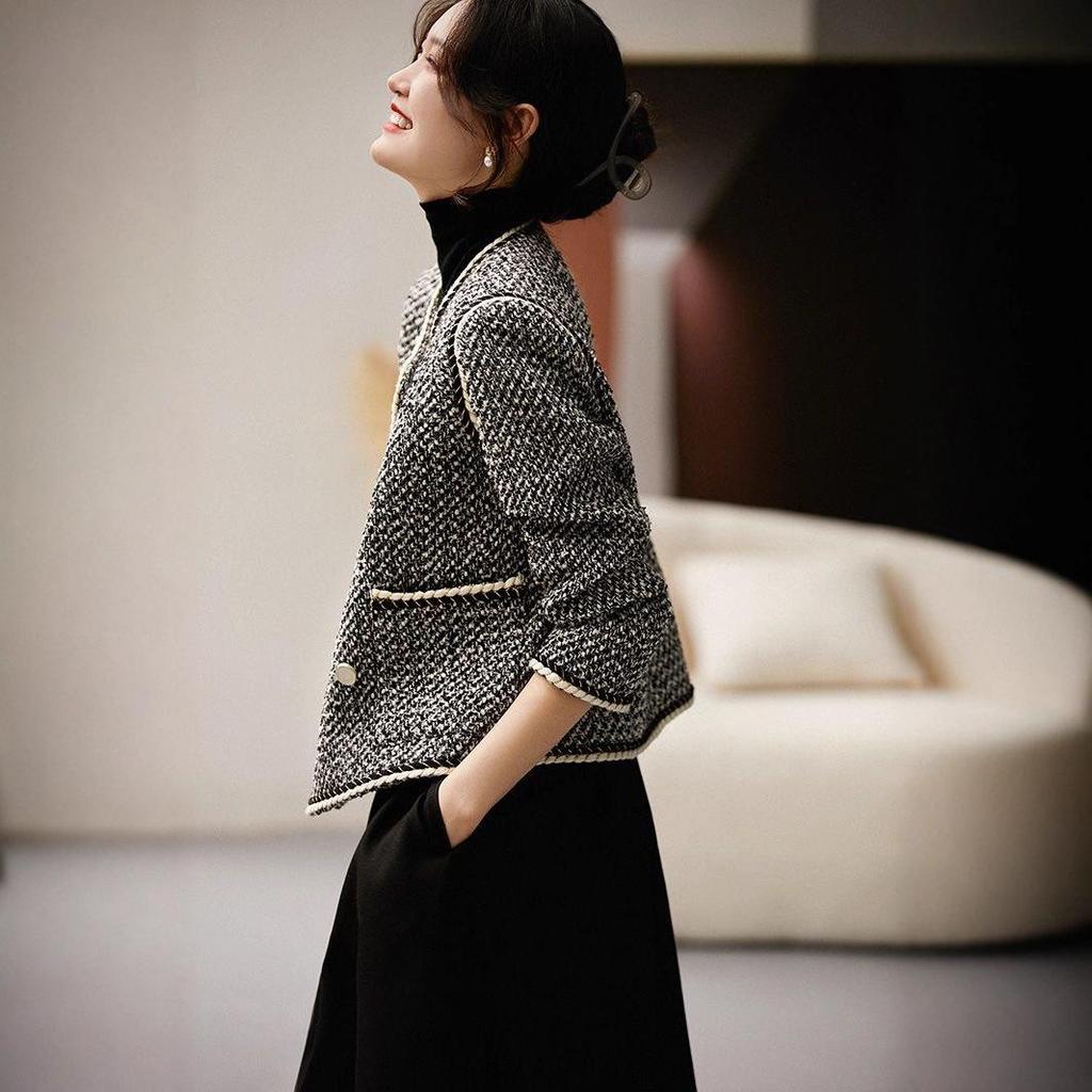 Elegant French Wool-Blend Tweed Double-Breasted Jacket for Women