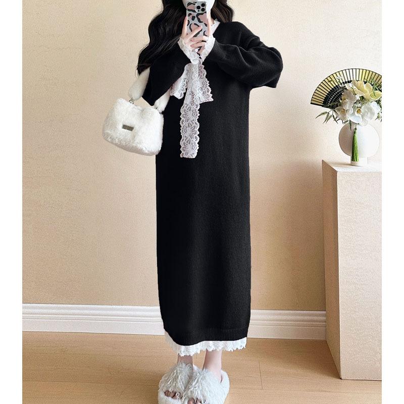 Red Christmas New Sweater Skirt Women's Autumn and Winter Lace Splicing Age-reducing Bow Loose Large Size Knitted Dress