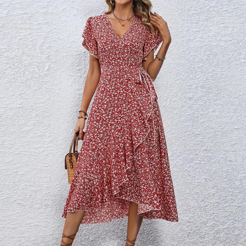 Women's V-Neck Waisted Floral Short Sleeve Dresses