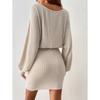 Autumn Women's Belt Decorated Bat Long-sleeved Pit Strip Wool Knit Dress