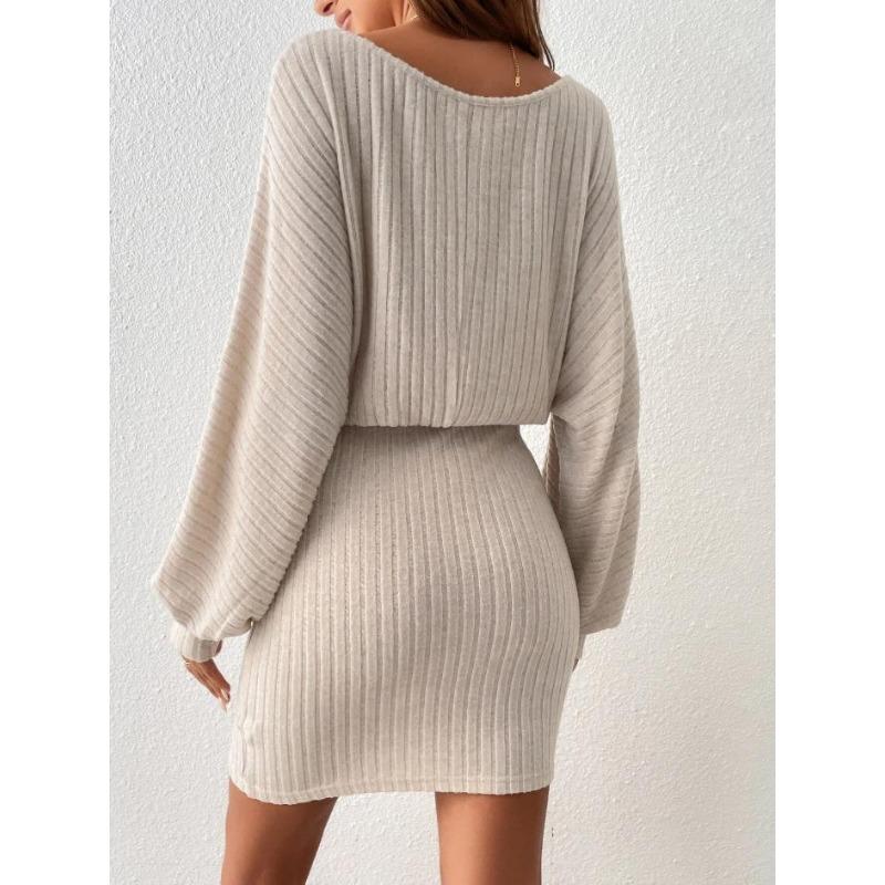 Autumn Women's Belt Decorated Bat Long-sleeved Pit Strip Wool Knit Dress