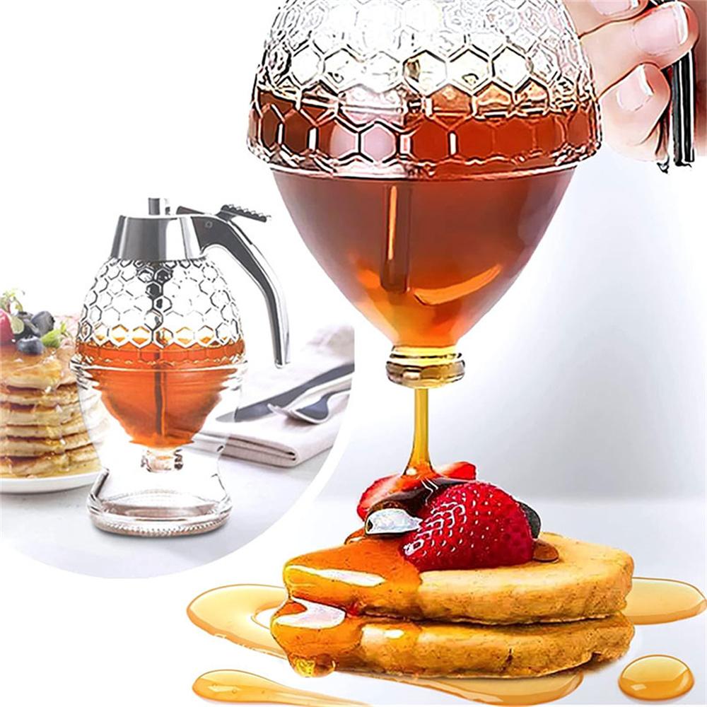 1pc No Drip Glass Honey Dispenser with Stand Juice Syrup Cup Squeeze Bottle Storage Pot Honey Jar Container Kitchen Accessories