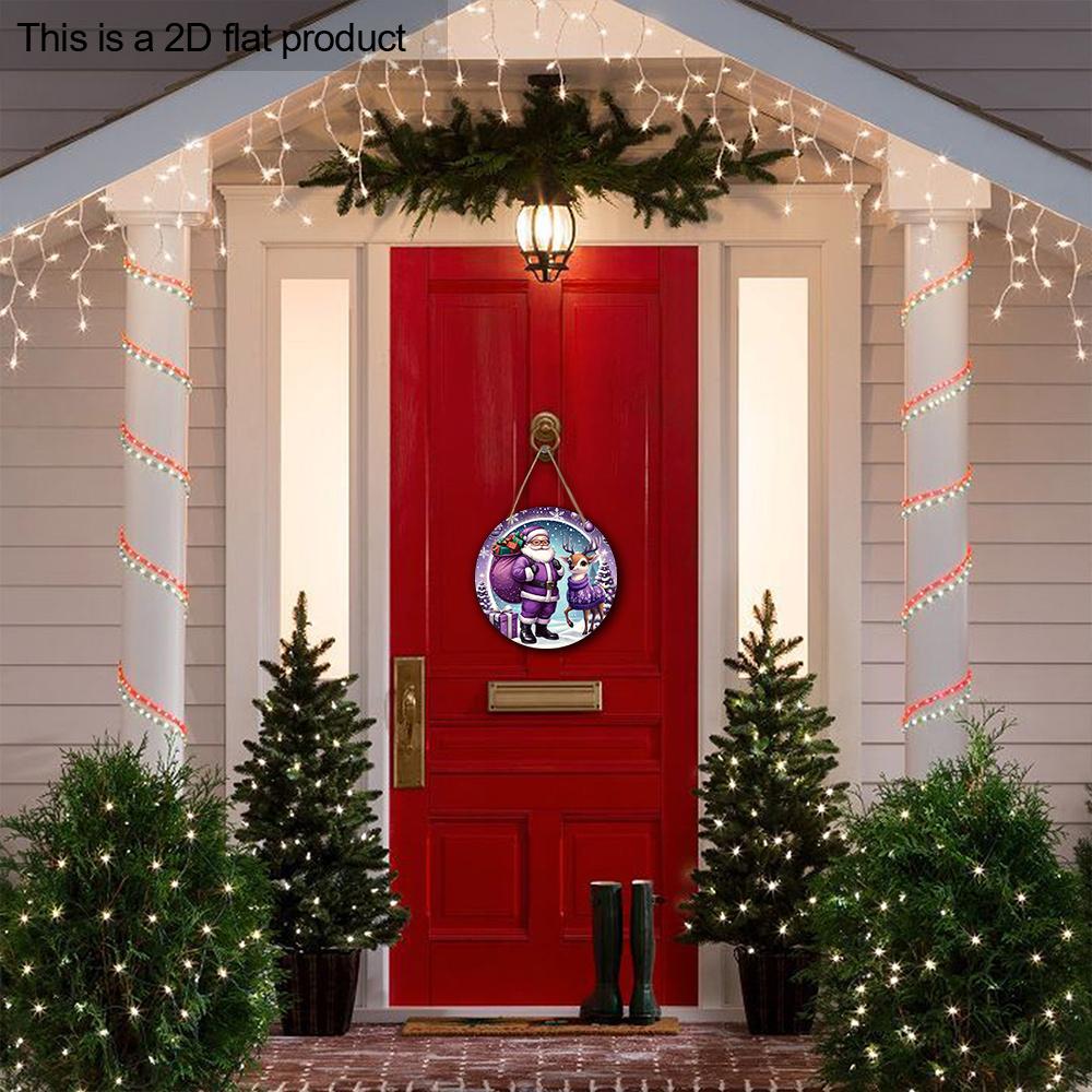 Purple Christmas Wooden Sign with Santa Claus & Elk Pattern, Winter Christmas Round Sign for Front Door Wall Hanging Decor, Ideal Christmas Gift