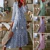 Women Dress Tassel Decor Printed Ruffle A-line Loose Hem Mid Waist Long Sleeve V Neck Soft Ankle Length Bohemian Style Beach Maxi Dress
