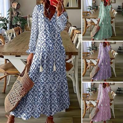 Women Dress Tassel Decor Printed Ruffle A-line Loose Hem Mid Waist Long Sleeve V Neck Soft Ankle Length Bohemian Style Beach Maxi Dress