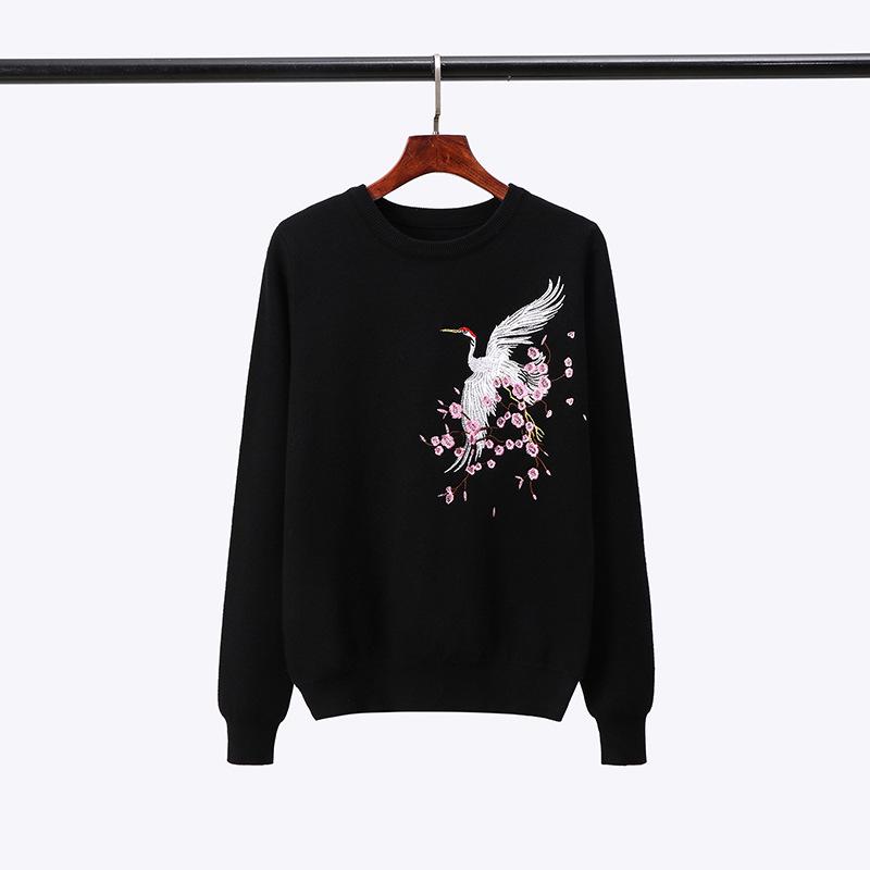 2023 Women's Autumn Embroidered Crane Knit Pullover: Slimming Long Sleeve Base Layer Top