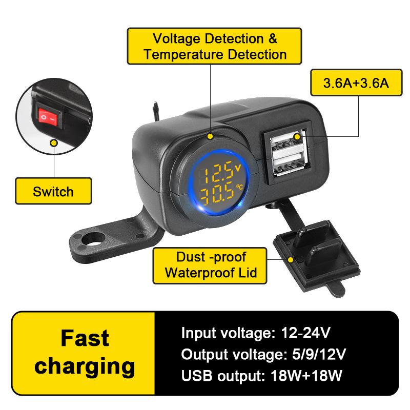 Extractme 36W Dual QC3.0 Motorcycle USB Charger Fast Charging Voltmeter Thermometer Digital Display Mobile Phone Charger Socket