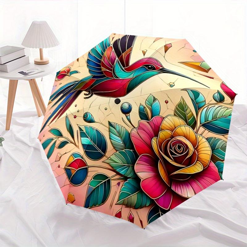 

1pc Stained Glass Hummingbird Theme Automatic, Cute Cartoon Pattern, Portable Outdoor Umbrella, Perfect R082