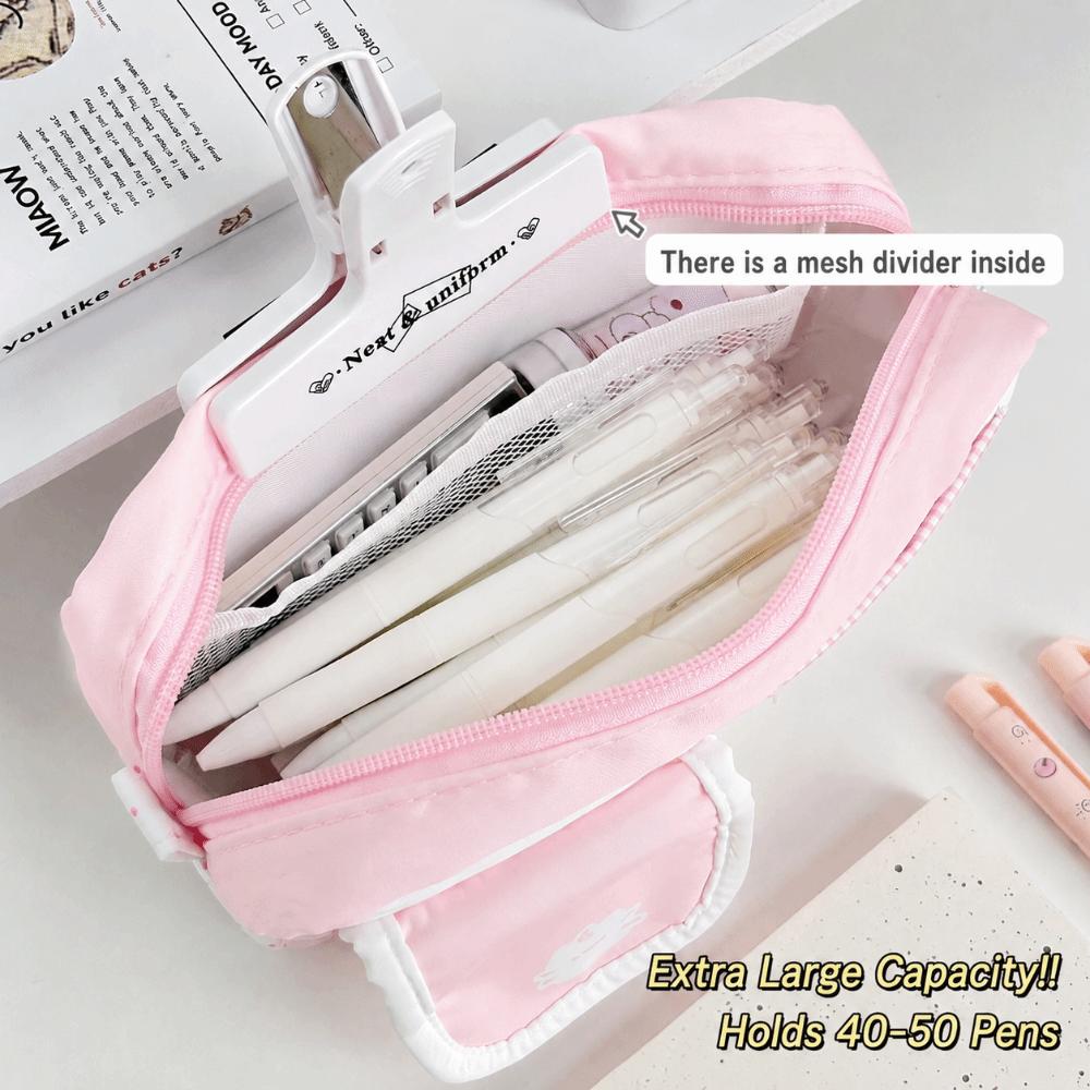 Cat Print Pen Bag Pink White Pencil Pouch Durable Stationery Organizer School Supplies