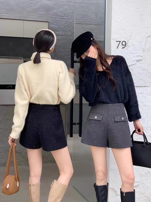 Women's High-Waisted Woolen Shorts - 2026 Autumn & Winter A-Line Wide-Leg Sequin Bootcut Pants