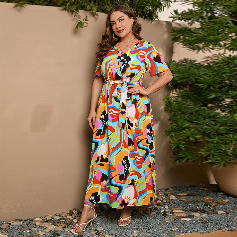 Summer Women's Dress Short Sleeve High Waist V-neck MIDI Dress Plus Size Temperament Printed Sexy Dress