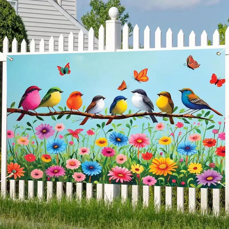 2D Spring Floral Garden with Birds and Butterflies Backdrop Photography Background Banner