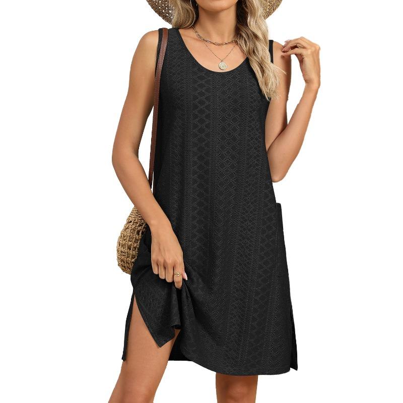 Spring and summer new solid color round neck loose sleeveless pocket dress S чёрный