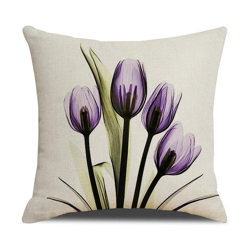 Light Luxury Plant Floral Linen Pillowcase Purple Tulip Digital Print Pillowcase Sofa