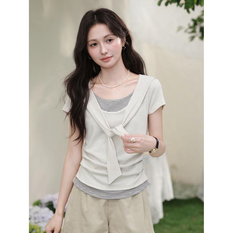 Women s Faux Two-Piece Oatmeal Short Sleeve T-Shirt S