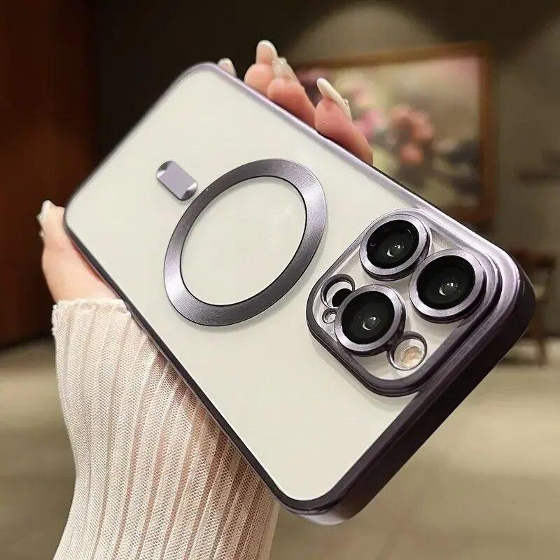 Luxury Matte Plating Frame Clear Case For IPhone 15 14 13 12 11 Pro Max Plus Magsafe Magnetic Wireless Charge Lens Protect Cover