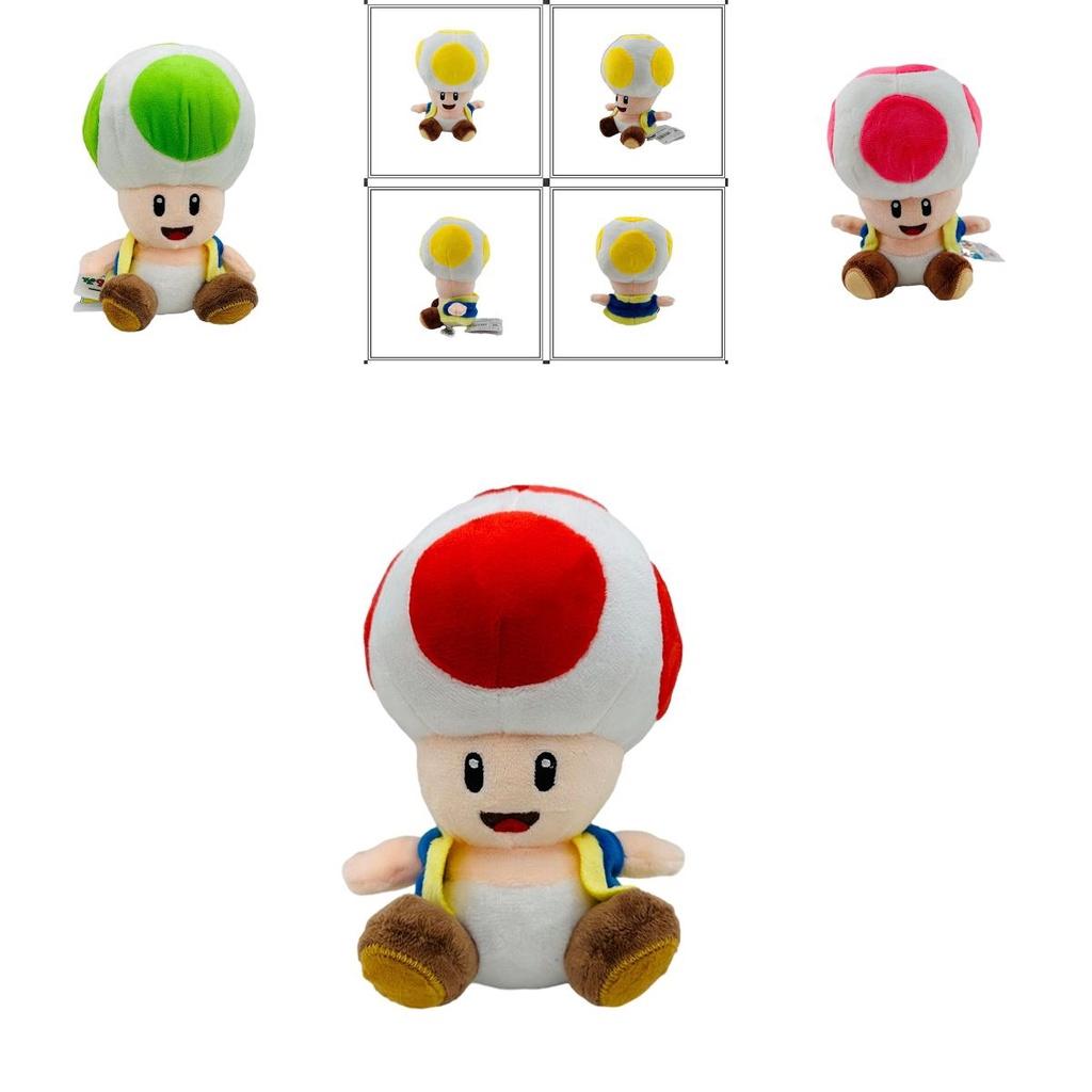 Super Mario 17cm Toad Plüschtier Mit 5 Bunten Sitzenden Pilzfiguren