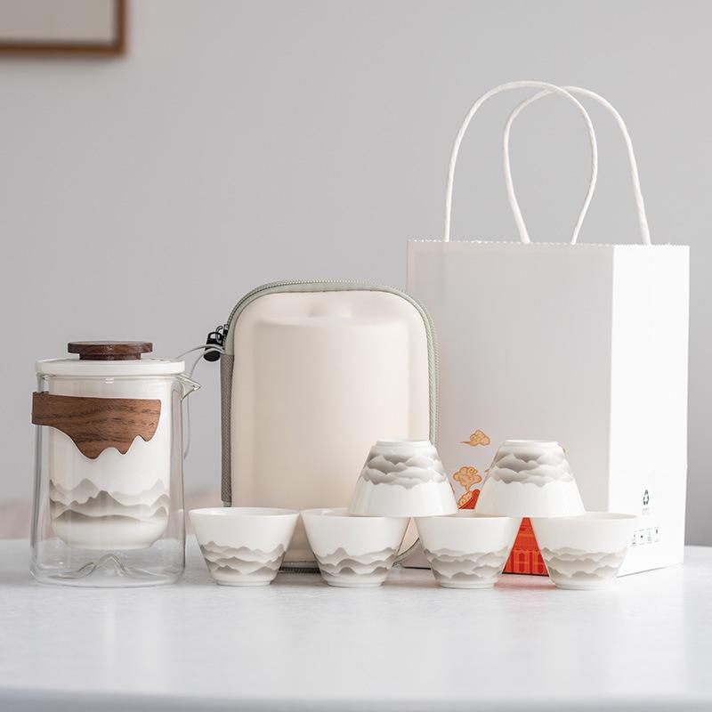 Suet Jade White Porcelain Guochao Ink and Wash Travel Tea Set, a Pot of Four or Six Cups, New Chinese Express Cup Light Luxury Business Gifts