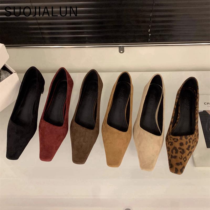 Fashion SUOJIALUN Spring New Brand Women Square Low Heel Pumps Shoes Fashion Shallow Slip On Ladies Boat Shoes Outdoor Dress Single Shoe