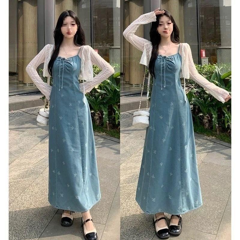 Denim Dress For Women With French Bow Tie Detail Long Sleeveless Summer Casual