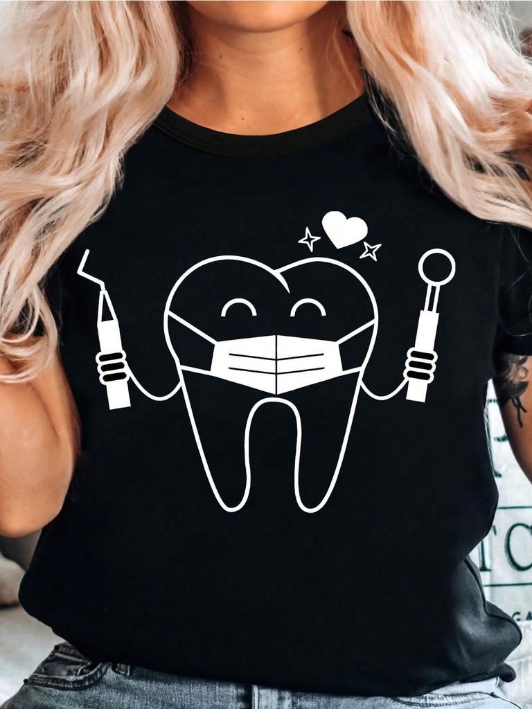 Cotton Fun Dental Print T-Shirts Dental Group Shirts Dental Assistant Tees Women's Short Sleeve T-Shirts Crew Neck Casual Slim Tees