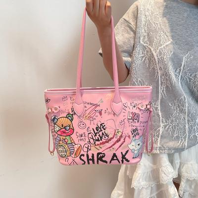 Women’s New Cute Graffiti Large-Capacity Handbag Trendy Zipper Tote Bag