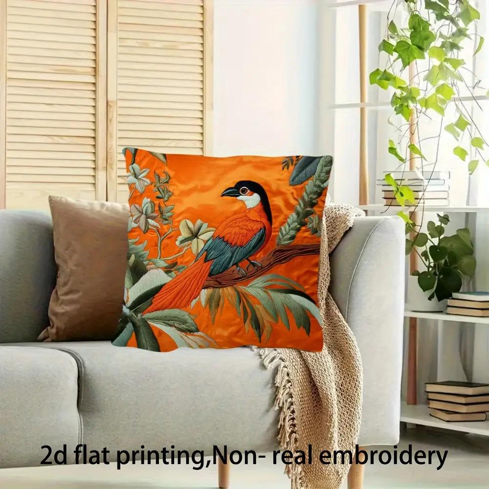2D Flat- Vintage Tropical Bird Throw Pillow Cover Orange Jungle Botanical Decorative Cushion Case For Home Living Room Bedroom