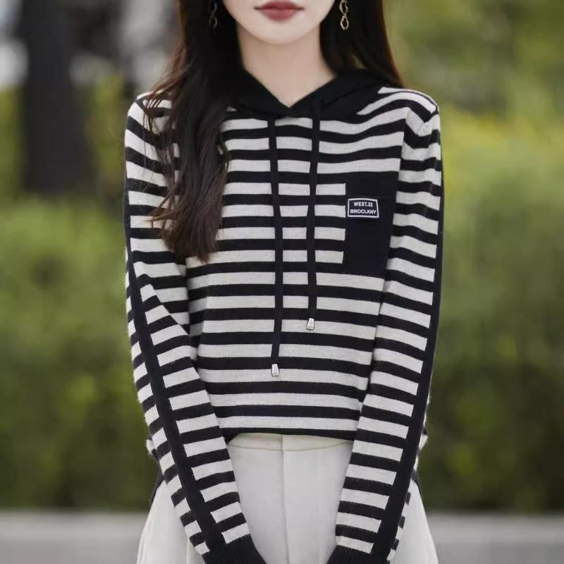 Striped Hooded Pullover Bottom Knitted Sweater Women's Jacket Sweater Loose Casual Fashion Reducing Top Hoodie Sweater