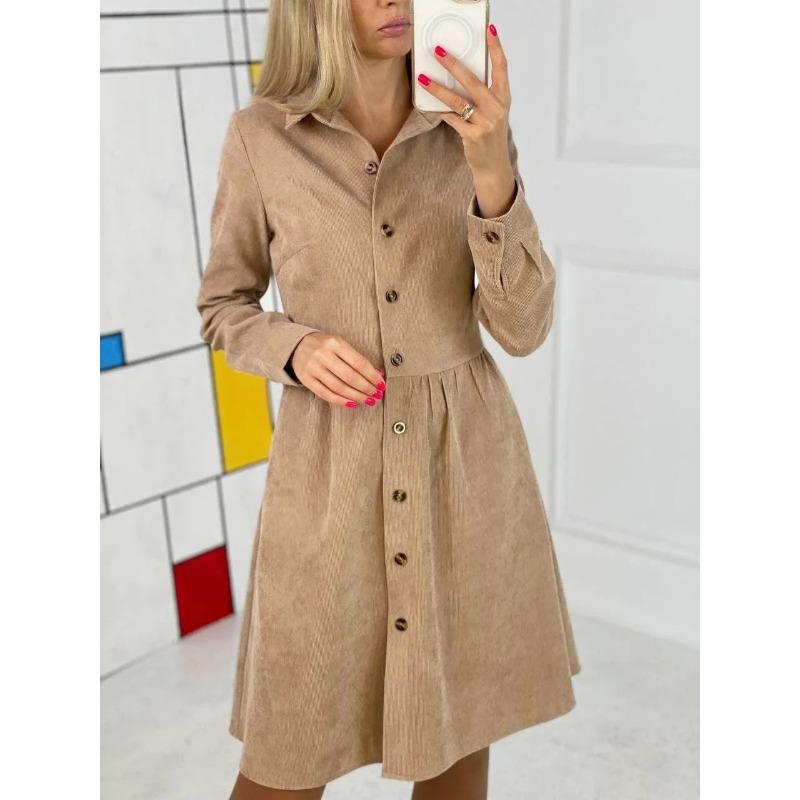 Spring Autumn Long Sleeved Corduroy Shirt Dress Single-breasted Loose Casual Shirt A-line Slim Fit Party Dresses Fashion Elegant Office Lapel Clothing