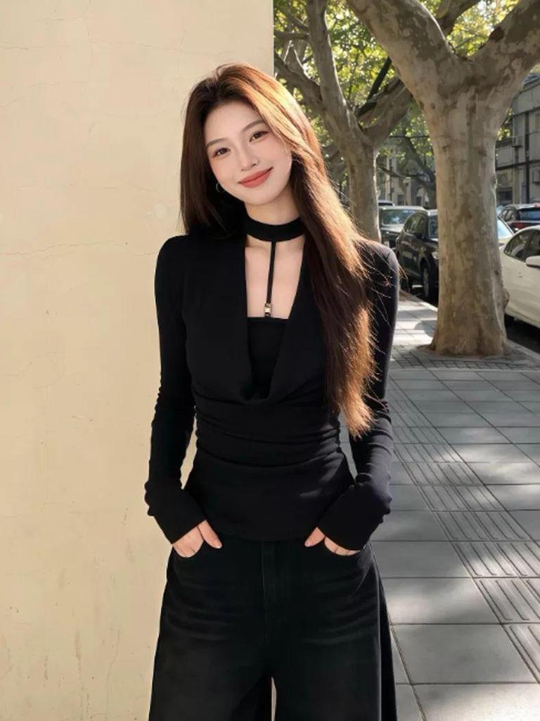Korean Style Spicy Slim Fit Long Sleeve T-shirt for Women - Casual, Versatile Spring/Autumn Fashion Base Layer