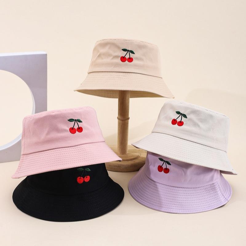 Ins New Cherry Pattern Embroidered Bucket Hat Outdoor Casual Versatile Sun Hat Couple Simple Basin Hat