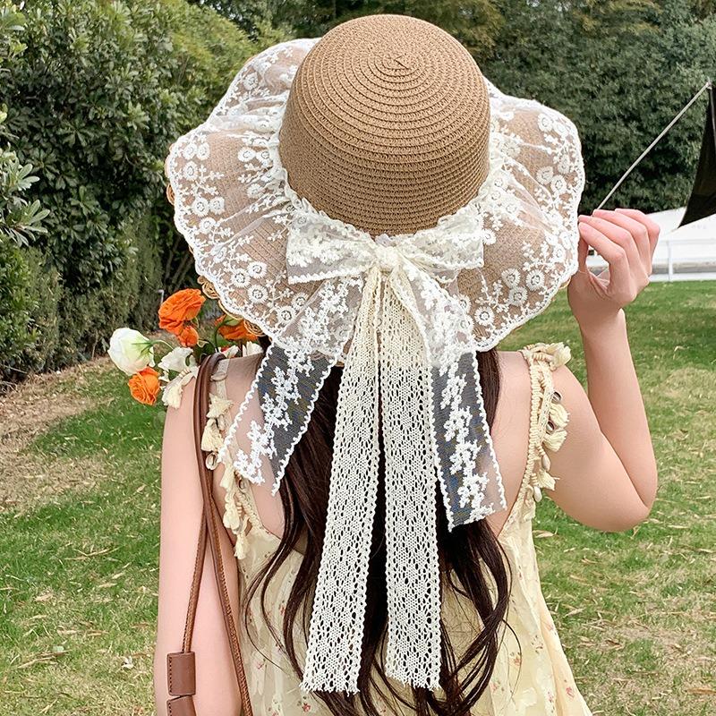 Summer Bow Sun Hat Female, Seaside Beach Vacation Sun Hat Outdoor Big Brim Sun Hat Sweet Straw Hat
