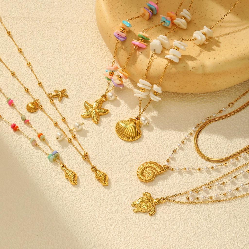 Summer Bohe Starfish Shell Conch Charms Pendant Neccklace for Women, 18k PVD Gold Plated Stainless Steel Beach Holiday Gift