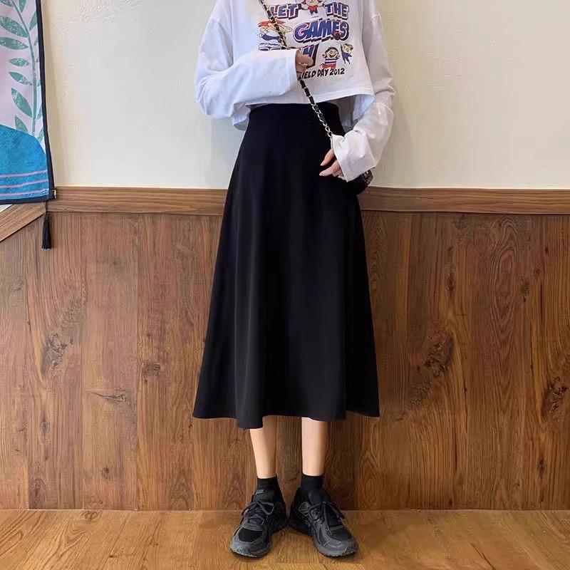 Large High-Waist A-Line Skirt for Women - 2024 Spring, Medium-Length, Black, Fashionable Korean Style Umbrella Skirt