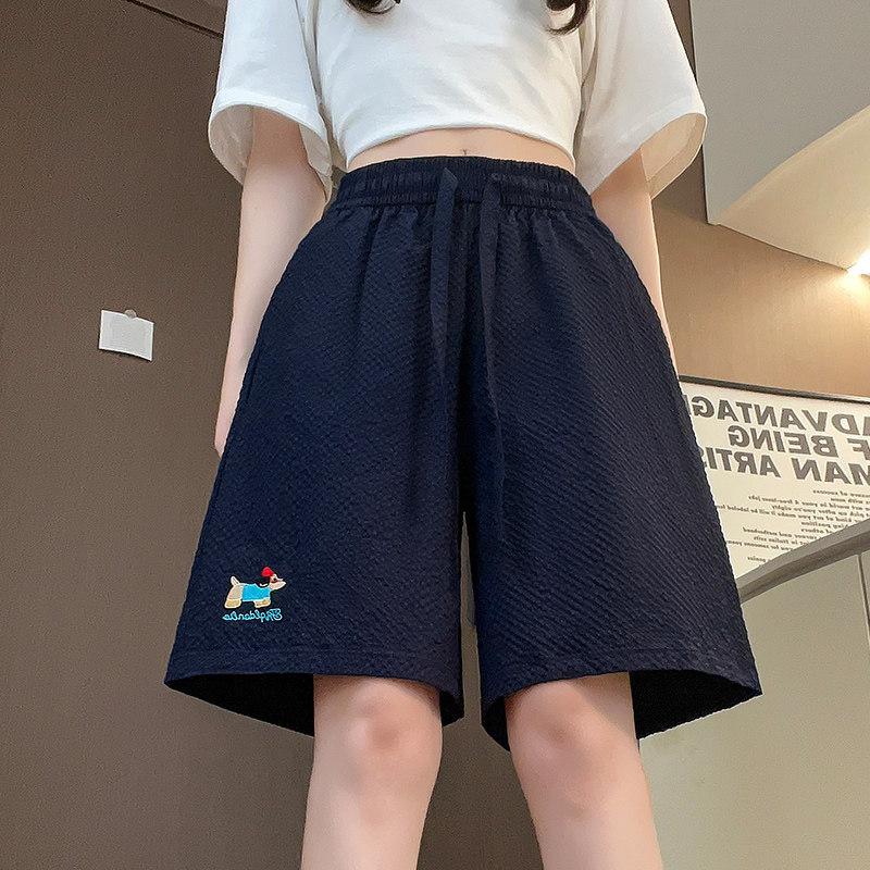 Navy blue dopamine puppy shorts women's summer new quick-drying beach pants sausage seersucker embroidered five-point pants
