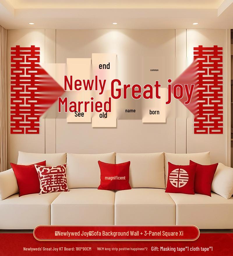 Bridal Bedroom & Living Room Decoration Set: Double Happiness Wall Stickers for Newlyweds