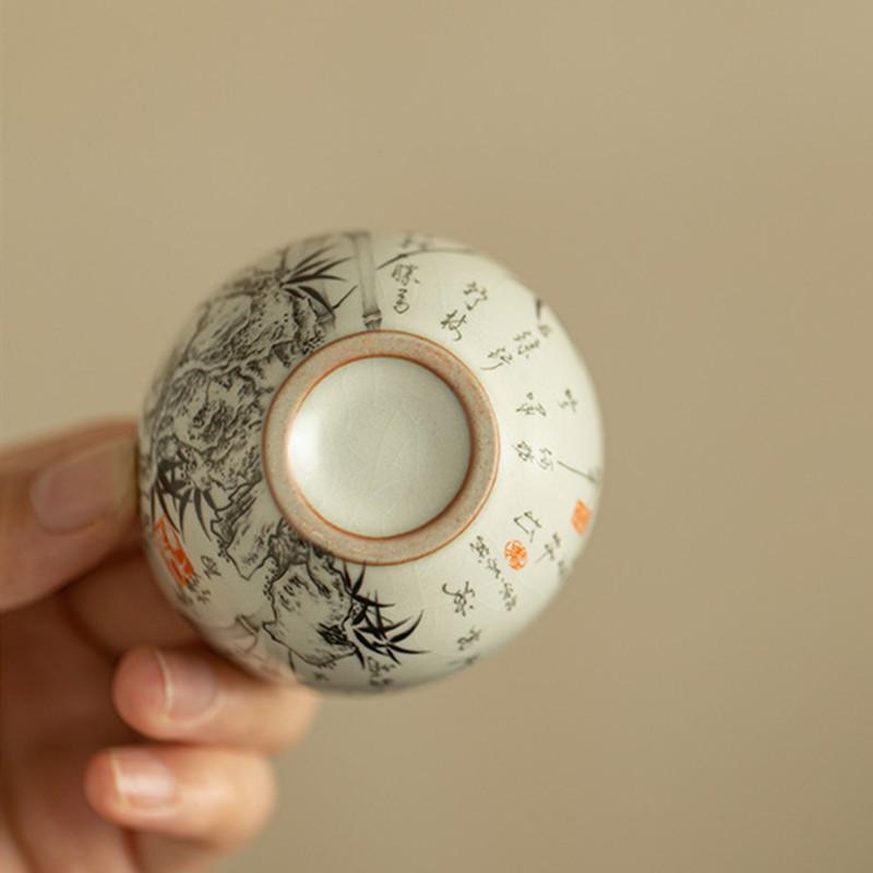 1 pc Chinese Traditional Ru Kiln Ceramic Tea Cup Handmade bamboo leaf Teacup Household Tea Bowl Personal Meditation Cup Teaware