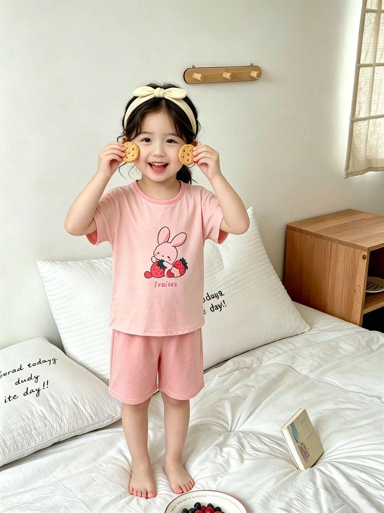 Children's Cartoon Cotton Short Sleeve Pajama Set - Unisex, Medium & Large