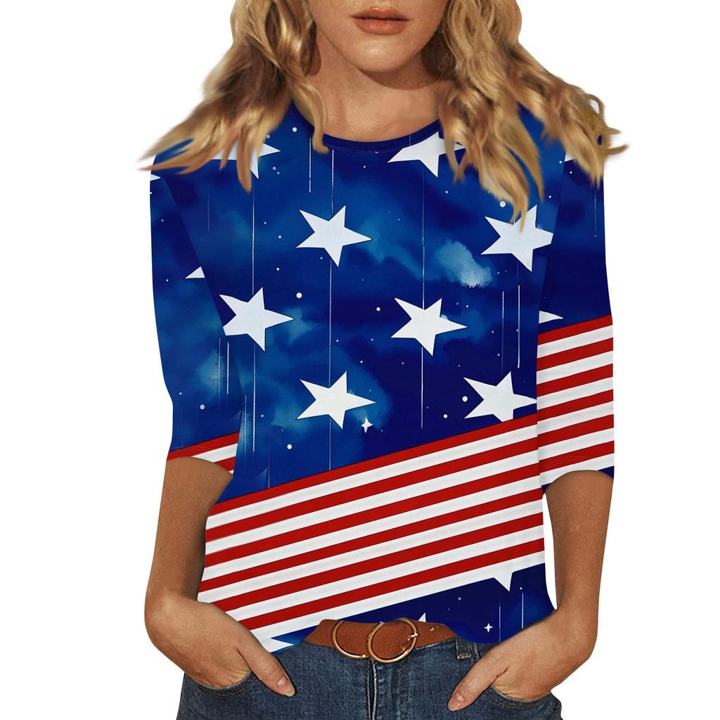 Women's Fashion Casual Round Neck Printed 3/4 T-shirt Top